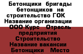 Бетонщики (бригады бетонщиков) на строительство ГОК.  › Название организации ­ ООО Курс › Отрасль предприятия ­ Строительство › Название вакансии ­ Бетонщики › Место работы ­ Забайкальский край › Минимальный оклад ­ 50 000 › Максимальный оклад ­ 70 000 - Забайкальский край, Чита г. Работа » Вакансии   . Забайкальский край,Чита г.